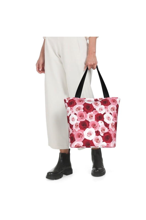 Rose Print Shoulder Bag for Women Large Capacity Zipper Tote for Shopping Beach Travel Gym with Inner Pocket