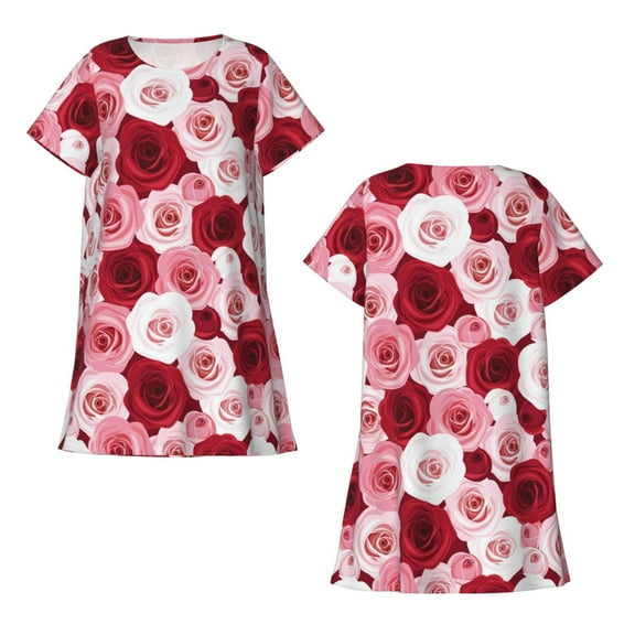 Horeoi Rose Print Women's Short-sleeved Nightdress Breathable Cotton-like Material Loose A-line Knee-length