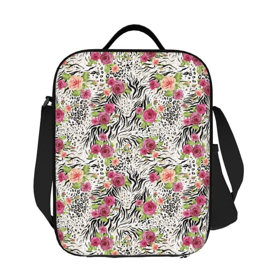 Horeoi Roses Mixed Zebra Pattern Insulated Thermal Lunch Bag with Leakproof Compartments for Office School Picnic Reusable Oxford Tote