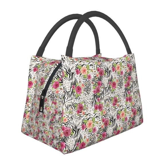 Horeoi Roses Mixed Zebra Pattern Portable Insulation Bag for Work Picnic Travel with Zipper and Handle Foldable Thermal Lunch Tote