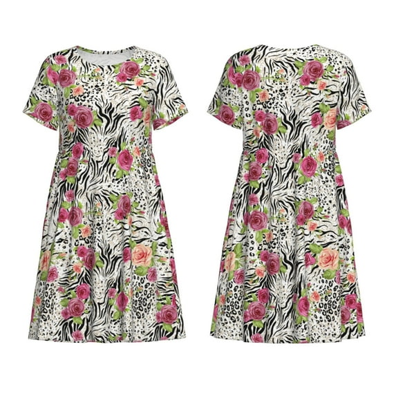 Horeoi Roses Mixed Zebra Print Women's Short Sleeve Dress Breathable Polyester-Spandex All-Over Print A-Line Side Pockets Elastic Waist