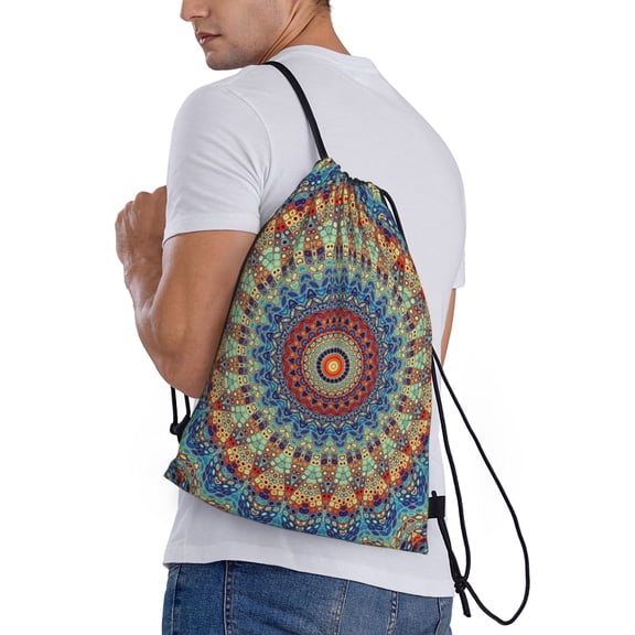 Horeoi Round Mandala Print Drawstring Bags for Gym Sports Yoga Travel Lightweight Foldable Sackpack for Men Women Teens
