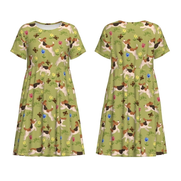 Horeoi Running Beagle Print Women's Short Sleeve Dress Breathable Polyester-Spandex All-Over Print A-Line Side Pockets Elastic Waist