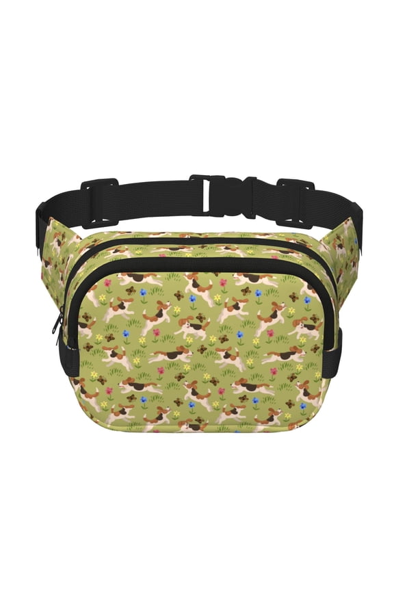 Running Beagle for Square Double Layer Waist Bag for Travel Cycling Outdoor Activities with Adjustable Strap and Zipper Pockets