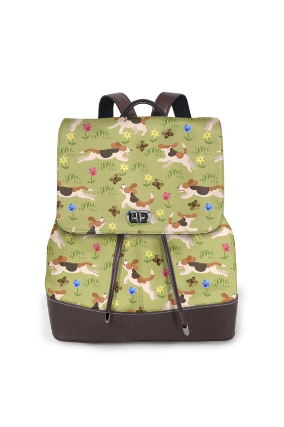 Running Beagle for Womens Leather Backpack for School Travel Work or Casual Use with Zipper Pockets and Spacious Interior