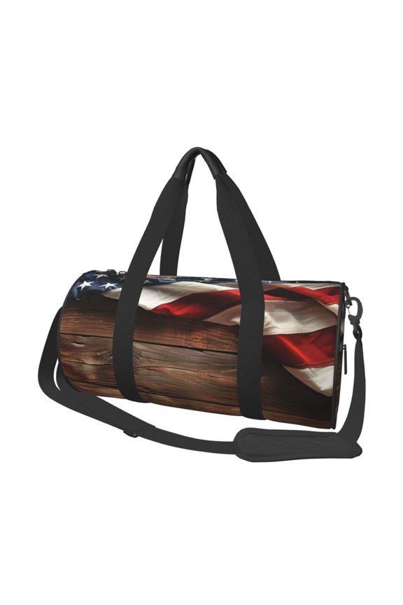 Rustic American Flag Wood Print Foldable Travel Duffle Bag with Removable Strap - Water-Resistant Gym Vacation Luggage Multi-Pocket Design