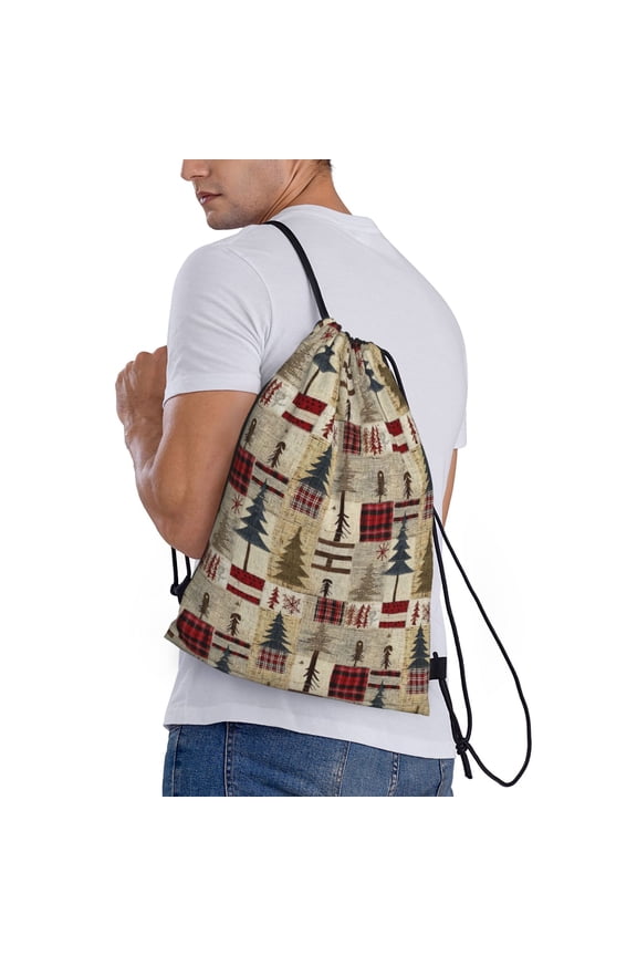 Rustic Plaid Forest Lodge Print Drawstring Bags for Gym Sports Yoga Travel Lightweight Foldable Sackpack for Men Women Teens
