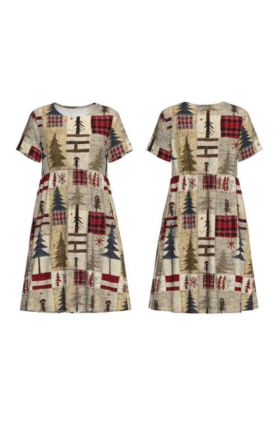 Rustic Plaid Forest Lodge Print Women's Short Sleeve Dress Breathable Polyester-Spandex All-Over Print A-Line Side Pockets Elastic Waist