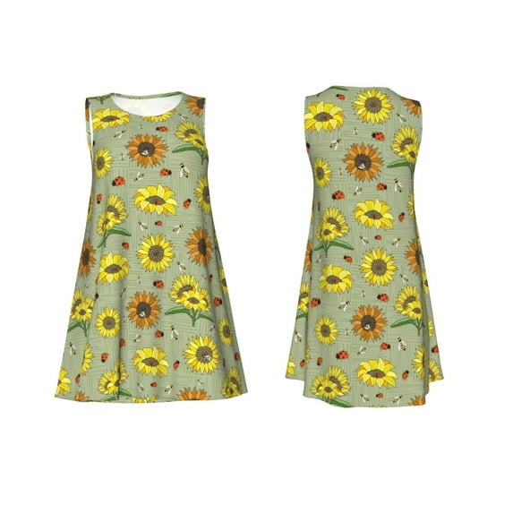 Horeoi Sage Green With Sunflowers Print Women's Sleeveless Dress Cotton-like Flared Hem Deep Side Pockets Above-Knee