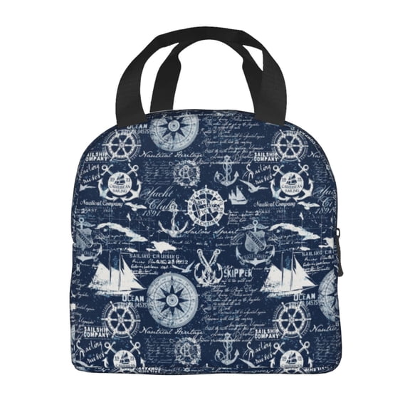 Horeoi Sailing Cruises Nautical Pattern Lunch Bag for Work Picnic Travel Use Thermal Tote with Front Pocket for Women Men Students