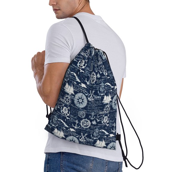 Horeoi Sailing Cruises Nautical Print Drawstring Bags for Gym Sports Yoga Travel Lightweight Foldable Sackpack for Men Women Teens
