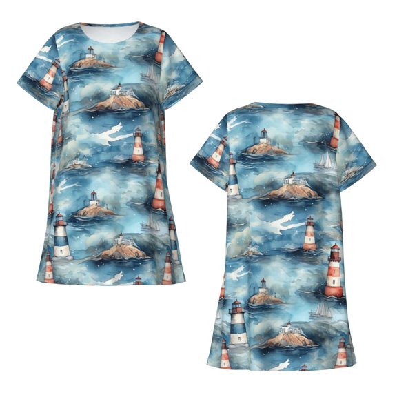 Horeoi Sea Marine And Lighthouse Print Women's Short-sleeved Nightdress Breathable Cotton-like Material Loose A-line Knee-length