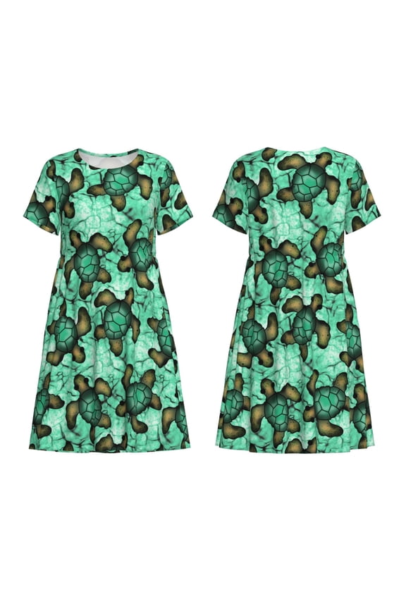 Sea Turtle Print Women's Short Sleeve Dress Breathable Polyester-Spandex All-Over Print A-Line Side Pockets Elastic Waist