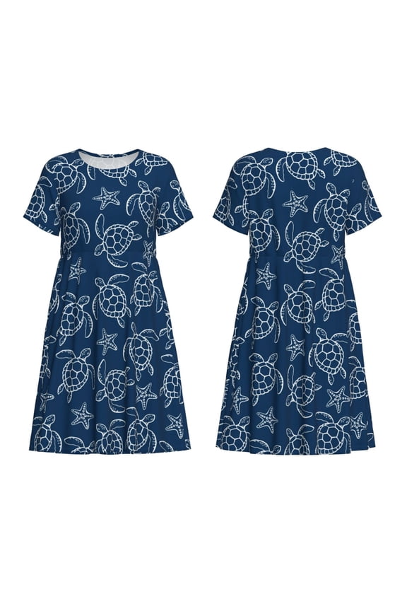 Sea Turtle Print Women's Short Sleeve Dress Breathable Polyester-Spandex All-Over Print A-Line Side Pockets Elastic Waist