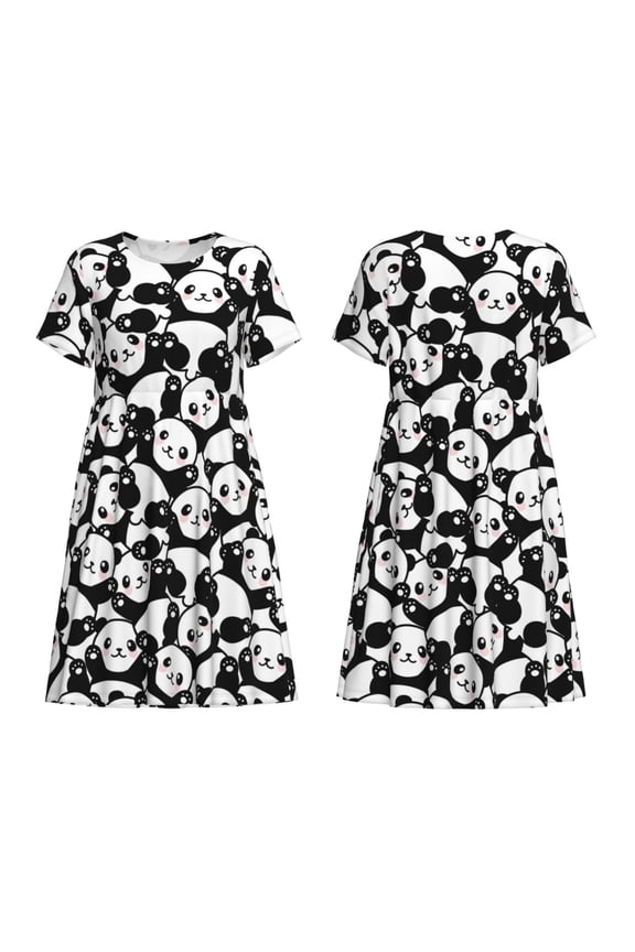 Seamless Pattern Cute Panda Print Women's Short Sleeve Dress Breathable Polyester-Spandex All-Over Print A-Line Side Pockets Elastic Waist