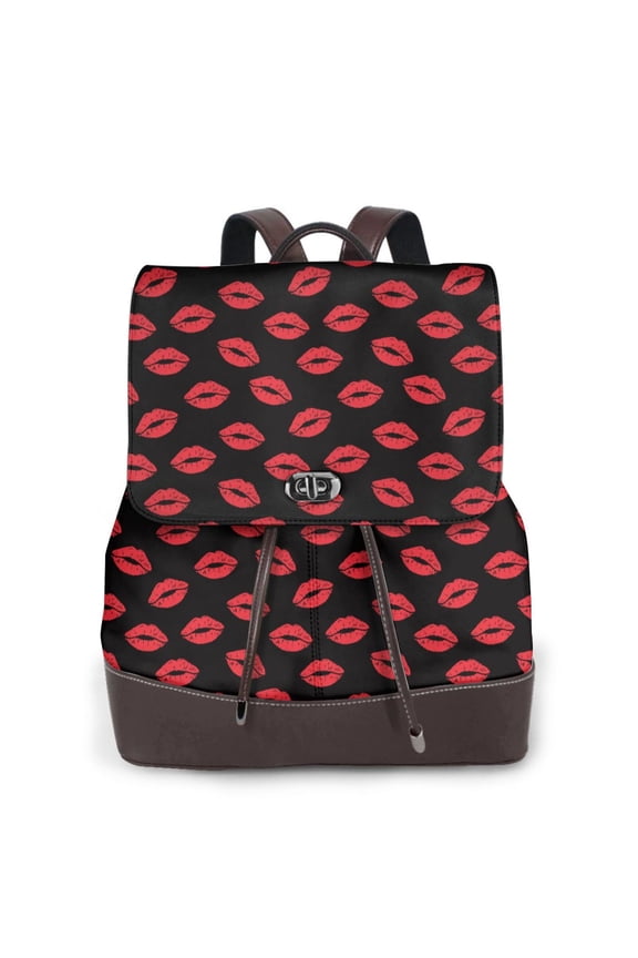 Sexy Red Lips Kiss for Womens Leather Backpack for School Travel Work or Casual Use with Zipper Pockets and Spacious Interior