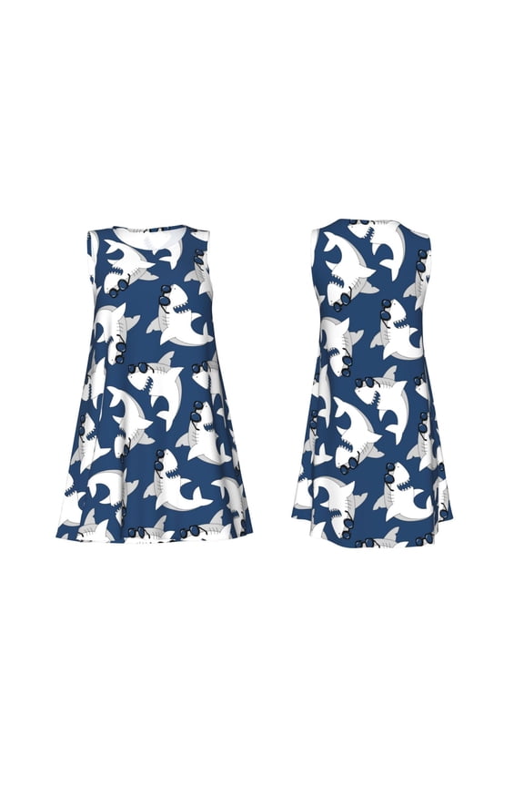 Shark Print Women's Sleeveless Dress Cotton-like Flared Hem Deep Side Pockets Above-Knee