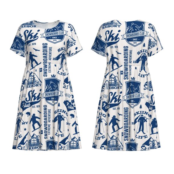 Horeoi Skiing Enthusiast Print Women's Short Sleeve Dress Breathable Polyester-Spandex All-Over Print A-Line Side Pockets Elastic Waist