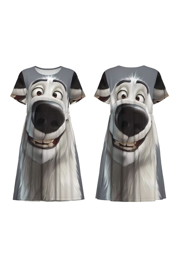 Smiling Polar Bear Print Women's Short Sleeve Dress Breathable Polyester-Spandex All-Over Print A-Line Side Pockets Elastic Waist