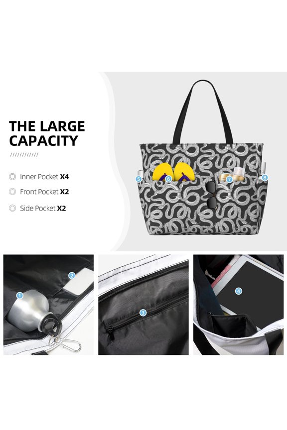 Snake Print Large Capacity Beach Travel Bag Waterproof Polyester with Multiple Pockets for Beach Camping Gym