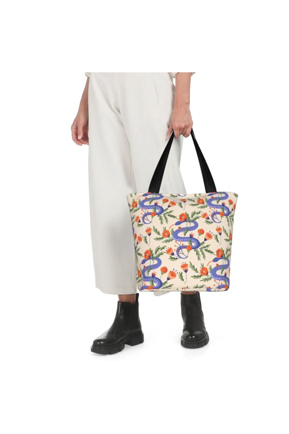 Snake Print Shoulder Bag for Women Large Capacity Zipper Tote for Shopping Beach Travel Gym with Inner Pocket