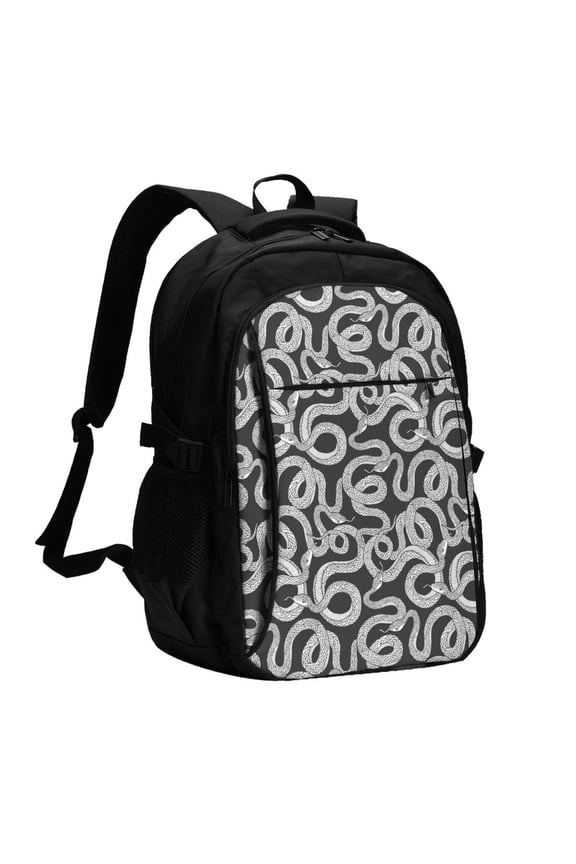 Snake Print USB Backpack for Travel School Work with Laptop Compartment Charging Port and Anti-Theft Pocket