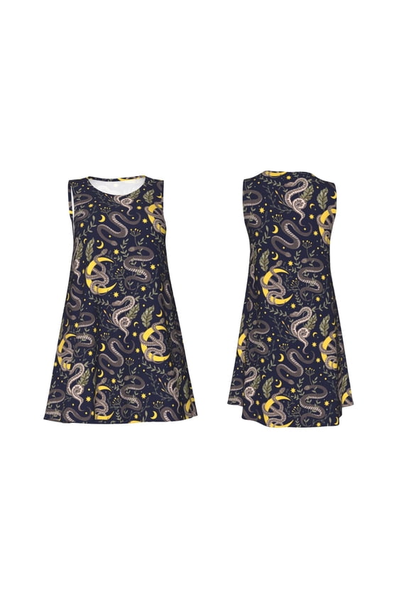 Snake Sleep Print Women's Sleeveless Dress Cotton-like Flared Hem Deep Side Pockets Above-Knee