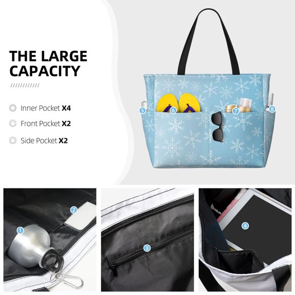 Horeoi Snowflake Snowing Print Large Capacity Beach Travel Bag Waterproof Polyester with Multiple Pockets for Beach Camping Gym