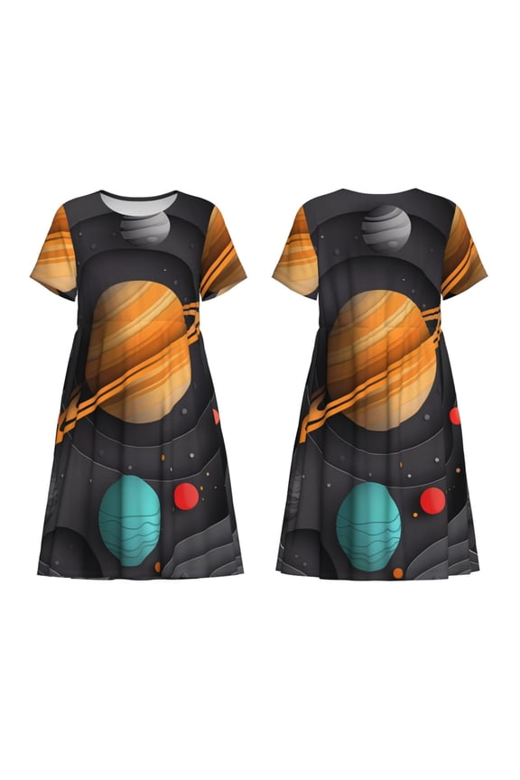 Solar System Paper Art Print Women's Short Sleeve Dress Breathable Polyester-Spandex All-Over Print A-Line Side Pockets Elastic Waist
