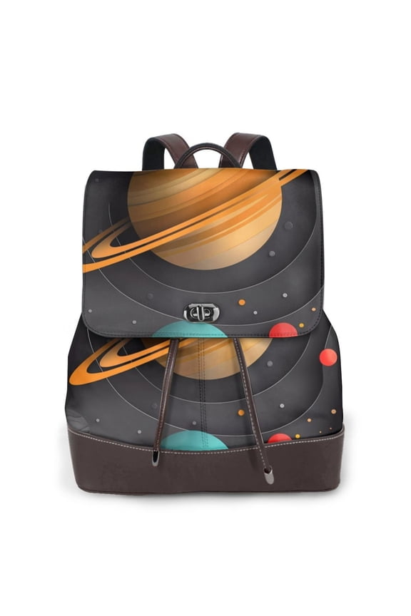Solar System Paper Art for Womens Leather Backpack for School Travel Work or Casual Use with Zipper Pockets and Spacious Interior