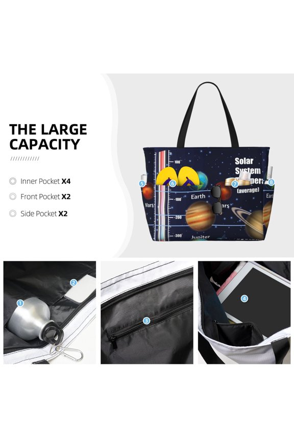 Solar System Print Large Capacity Beach Travel Bag Waterproof Polyester with Multiple Pockets for Beach Camping Gym