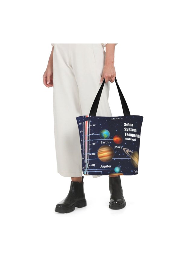 Solar System Print Shoulder Bag for Women Large Capacity Zipper Tote for Shopping Beach Travel Gym with Inner Pocket