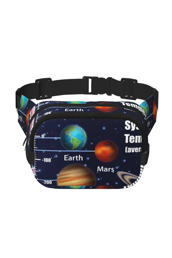 Solar System for Square Double Layer Waist Bag for Travel Cycling Outdoor Activities with Adjustable Strap and Zipper Pockets