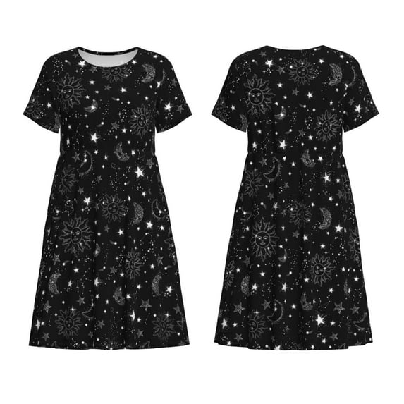 Horeoi Space Galaxy Print Women's Short Sleeve Dress Breathable Polyester-Spandex All-Over Print A-Line Side Pockets Elastic Waist