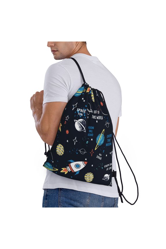 Space Print Drawstring Bags for Gym Sports Yoga Travel Lightweight Foldable Sackpack for Men Women Teens