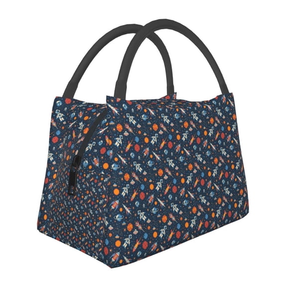 Horeoi Spaceships And Stars In Outer Space Pattern Portable Insulation Bag for Work Picnic Travel with Zipper and Handle Foldable Thermal Lunch Tote