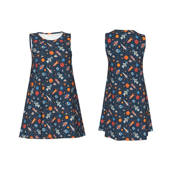 Horeoi Spaceships And Stars In Outer Space Print Women's Sleeveless Dress Cotton-like Flared Hem Deep Side Pockets Above-Knee