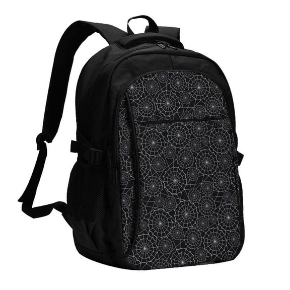 Horeoi Spider Web Black Print USB Backpack for Travel School Work with Laptop Compartment Charging Port and Anti-Theft Pocket