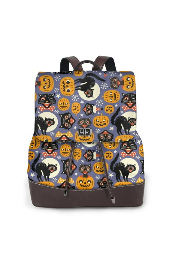 Spooky Cats And Halloween Pumpkins for Womens Leather Backpack for School Travel Work or Casual Use with Zipper Pockets and Spacious Interior