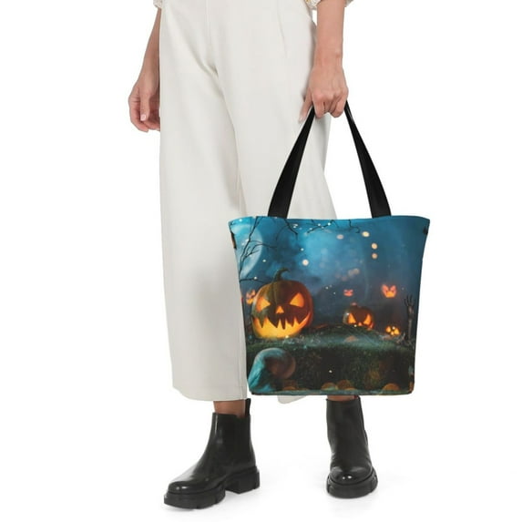 Horeoi Spooky Halloween Print Shoulder Bag for Women Large Capacity Zipper Tote for Shopping Beach Travel Gym with Inner Pocket