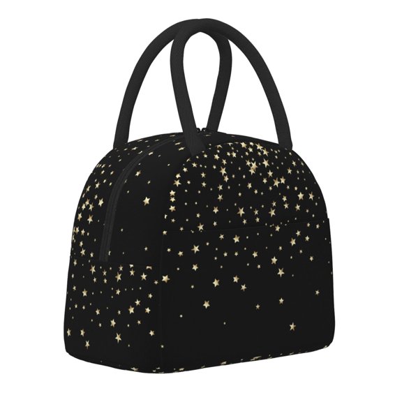 Horeoi Star Silver Glitter Pattern Large Insulated Lunch Bag for Work, School, Picnic - Waterproof, Durable Oxford Cloth, Comfortable Handle-Black