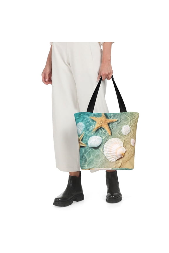 Starfish And Seashell Print Shoulder Bag for Women Large Capacity Zipper Tote for Shopping Beach Travel Gym with Inner Pocket