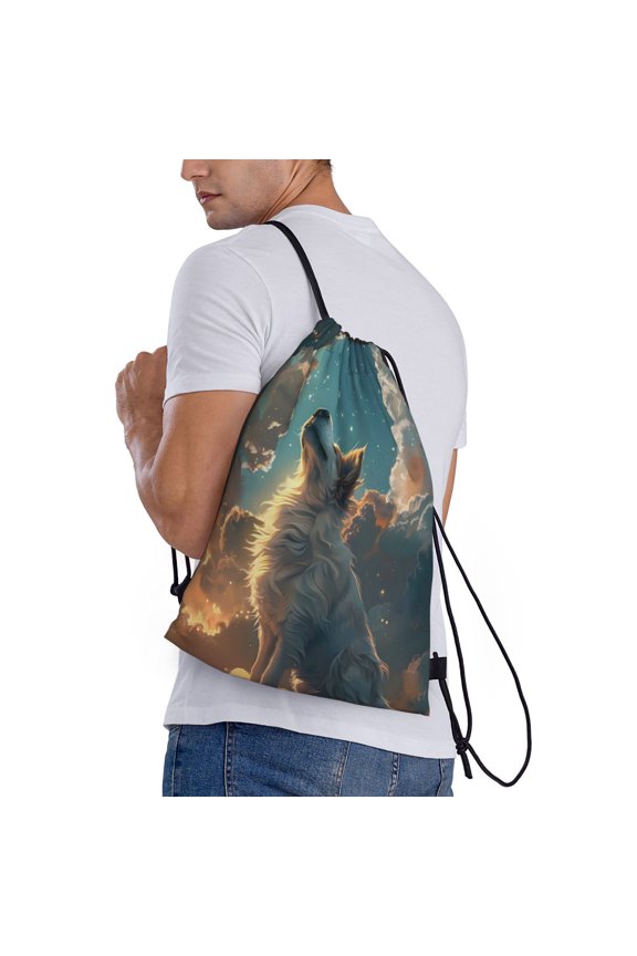 Starry Sky Cloud Wolf Print Drawstring Bags for Gym Sports Yoga Travel Lightweight Foldable Sackpack for Men Women Teens