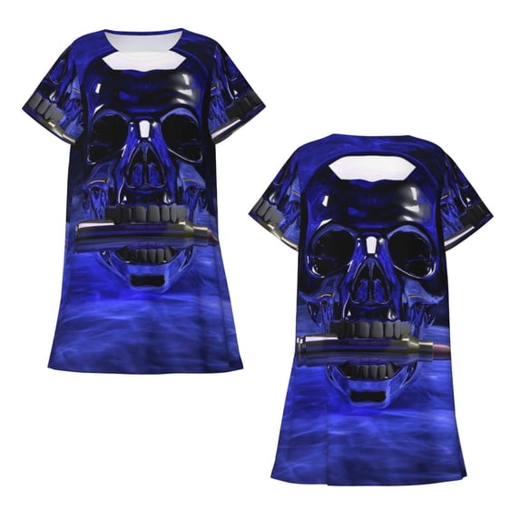 Horeoi Steel Skull Print Women's Short-sleeved Nightdress Breathable Cotton-like Material Loose A-line Knee-length