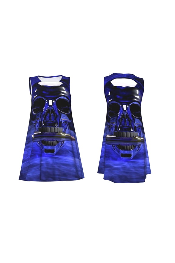 Steel Skull Print Women's Sleeveless Dress Cotton-like Flared Hem Deep Side Pockets Above-Knee