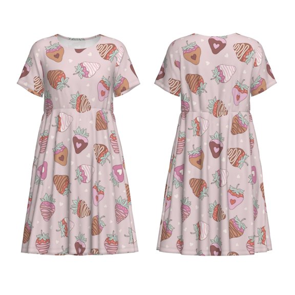 Horeoi Strawberry Cake Print Women's Short Sleeve Dress Breathable Polyester-Spandex All-Over Print A-Line Side Pockets Elastic Waist