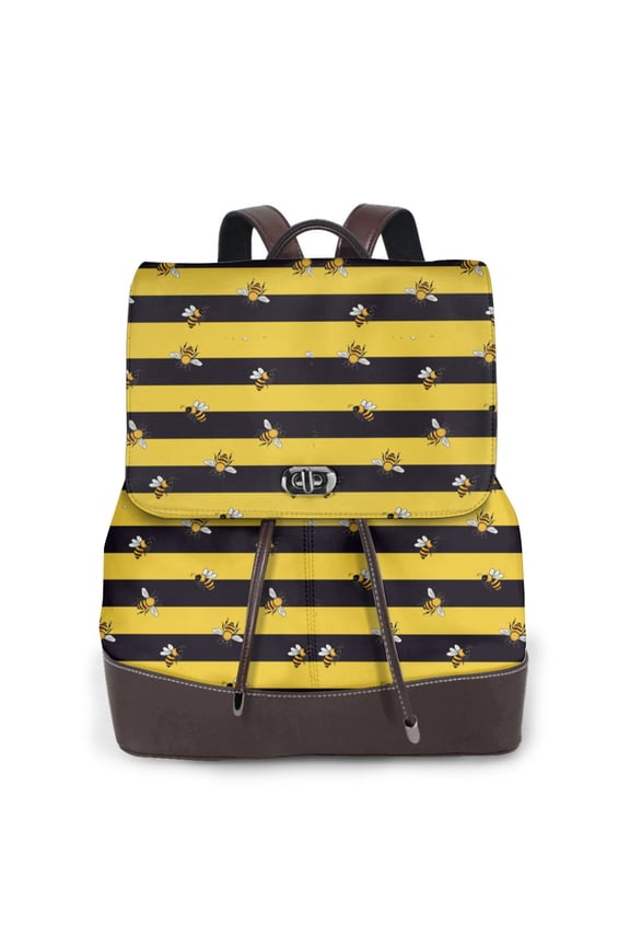 Striped With Bees for Womens Leather Backpack for School Travel Work or Casual Use with Zipper Pockets and Spacious Interior