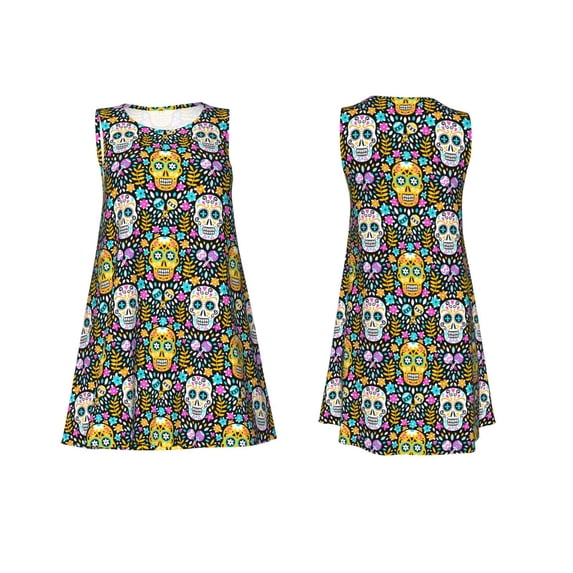 Horeoi Sugar Skulls Print Women's Sleeveless Dress Cotton-like Flared Hem Deep Side Pockets Above-Knee