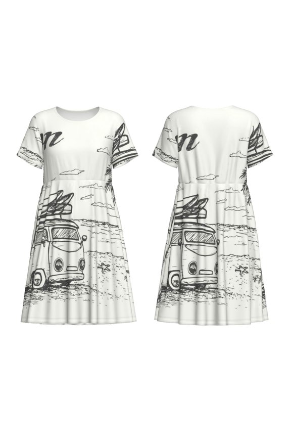 Summer Vacation Scene With Camping Van Print Women's Short Sleeve Dress Breathable Polyester-Spandex All-Over Print A-Line Side Pockets Elastic Waist