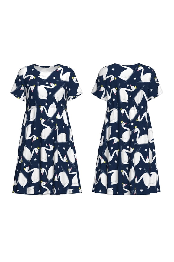 Swan Print Women's Short Sleeve Dress Breathable Polyester-Spandex All-Over Print A-Line Side Pockets Elastic Waist